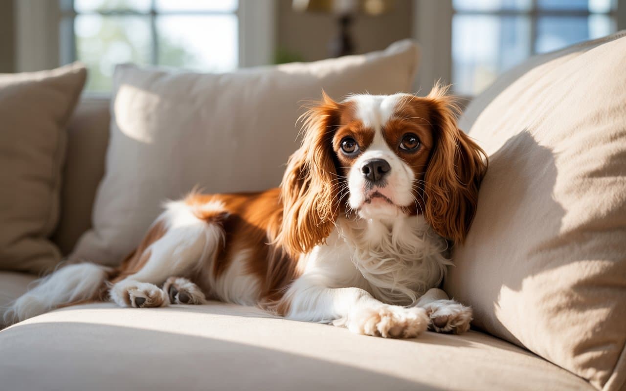 Un Cavalier King Charles bien dressé sur le canapé