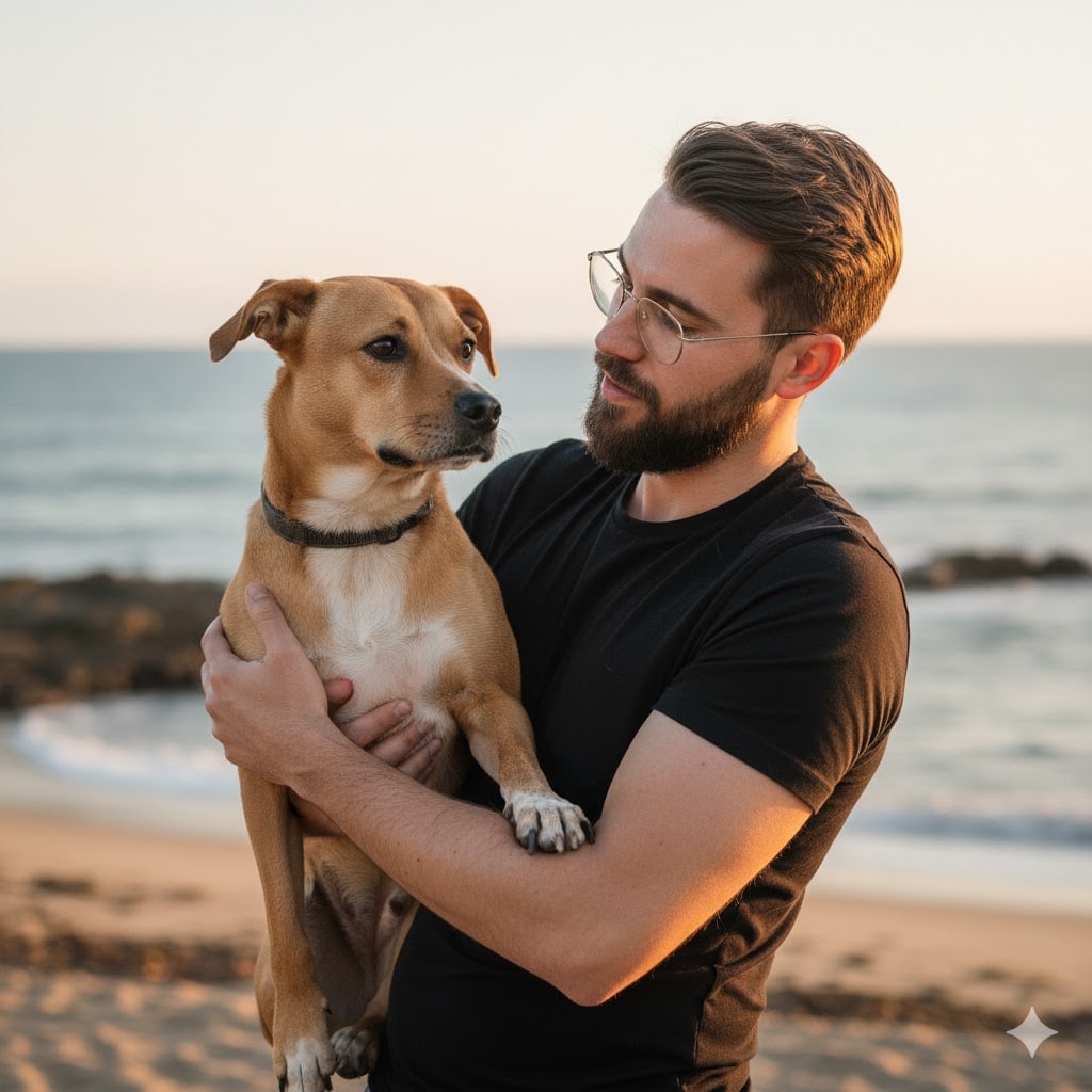 Julien Brachet avec un chien dans ses bras