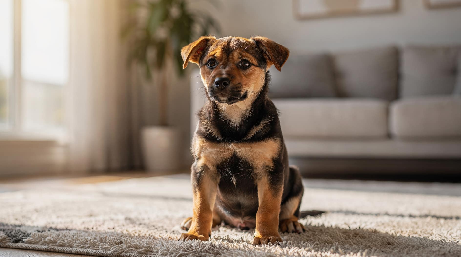 Un jeune chiot assis, attentif et serein dans un salon baigné de lumière naturelle.