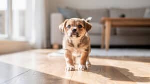Un jeune chiot explore avec curiosité le sol d'un salon illuminé par la lumière naturelle.