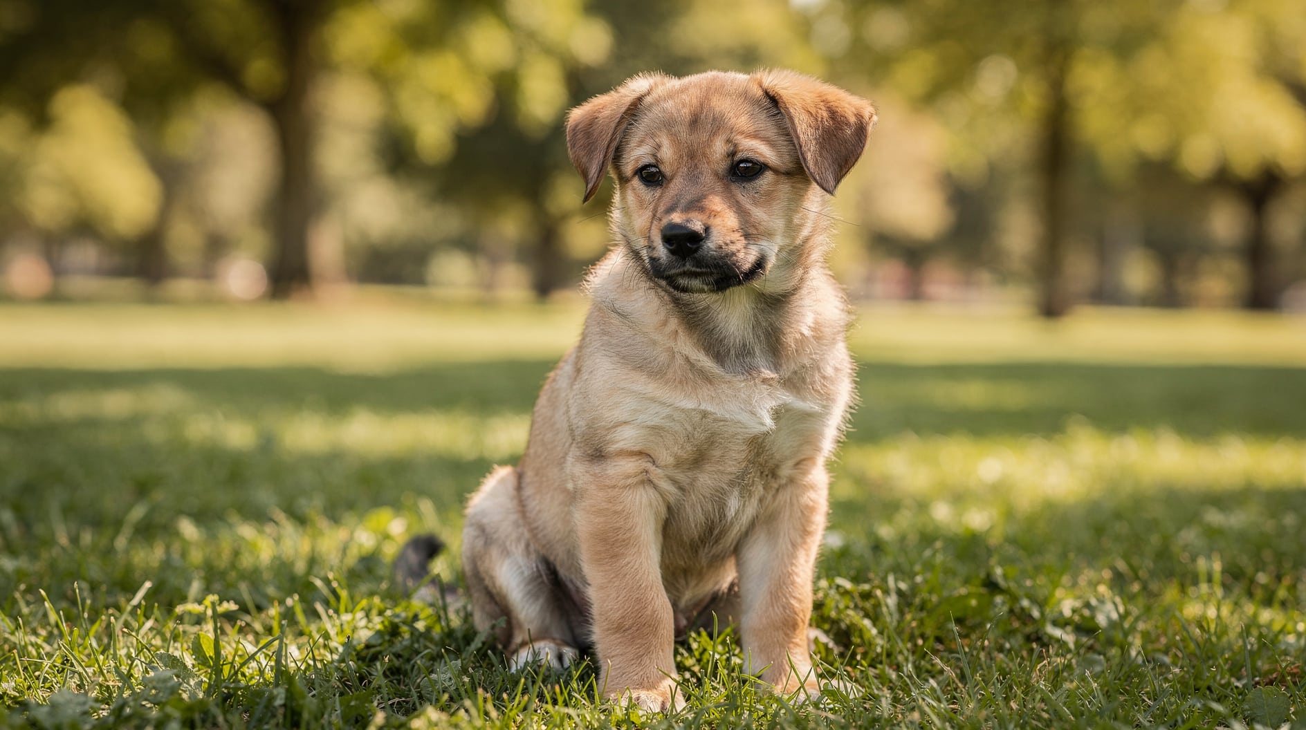 Un chiot golden retriever assis dans l'herbe, attentif et calme face à son éducateur.