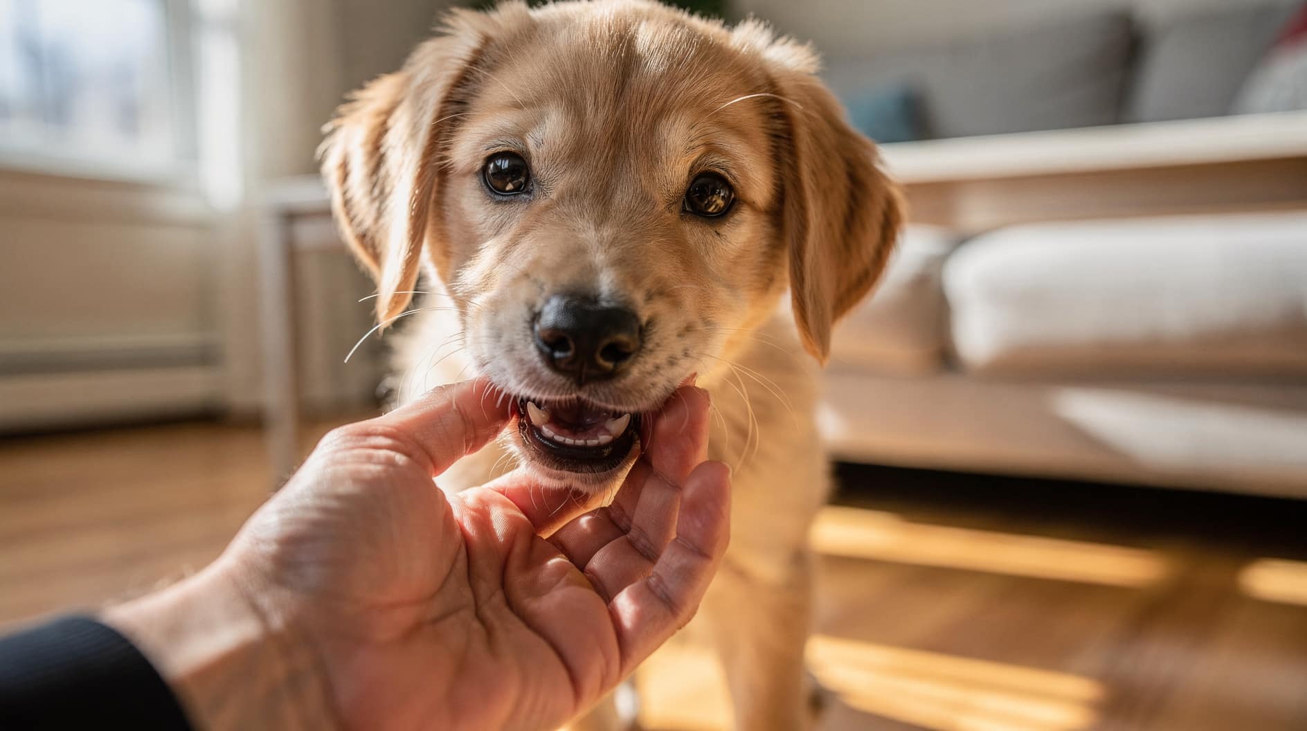 Un chiot mordille délicatement la main d'une personne assise, les yeux brillants d'attention.