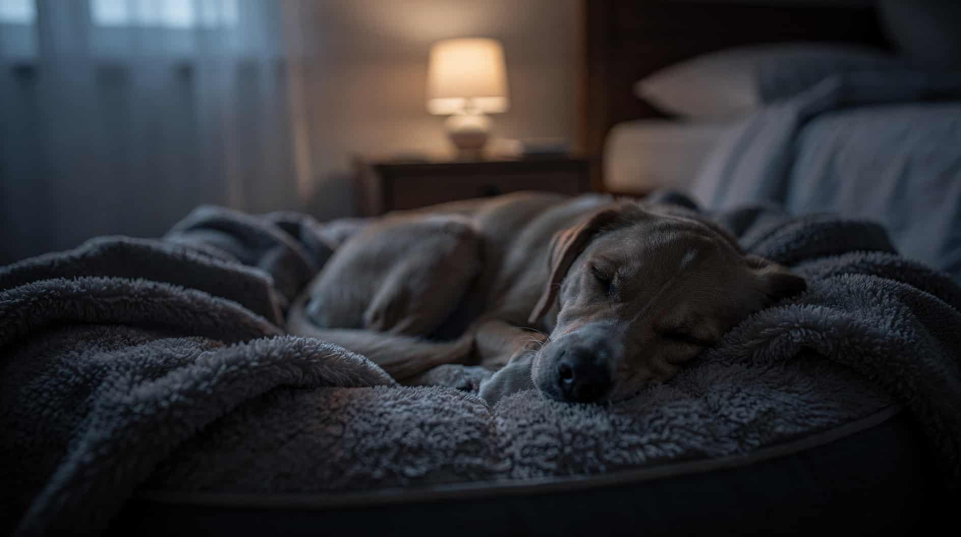Un chiot endormi allongé sur un coussin douillet, dans une chambre baignée de lumière douce.
