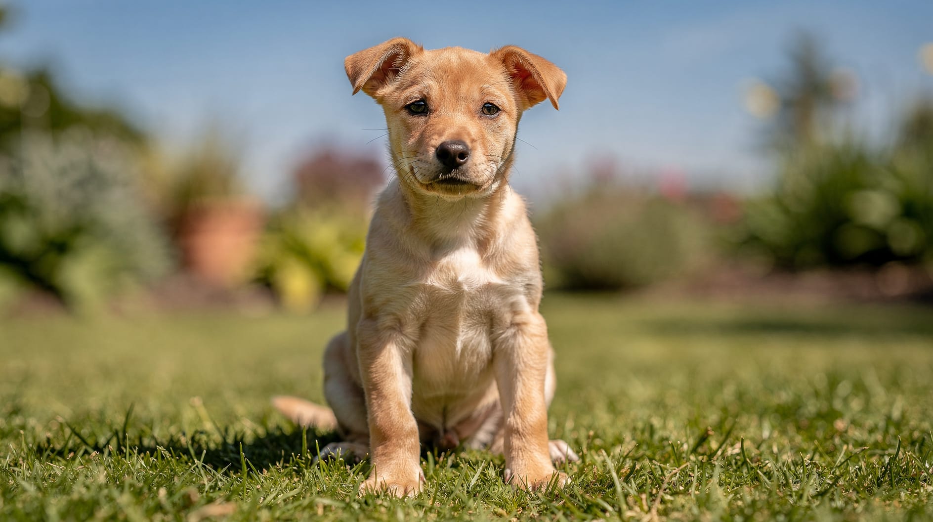 Un jeune chiot assis avec attention sur une pelouse verdoyante, attentif et calme.