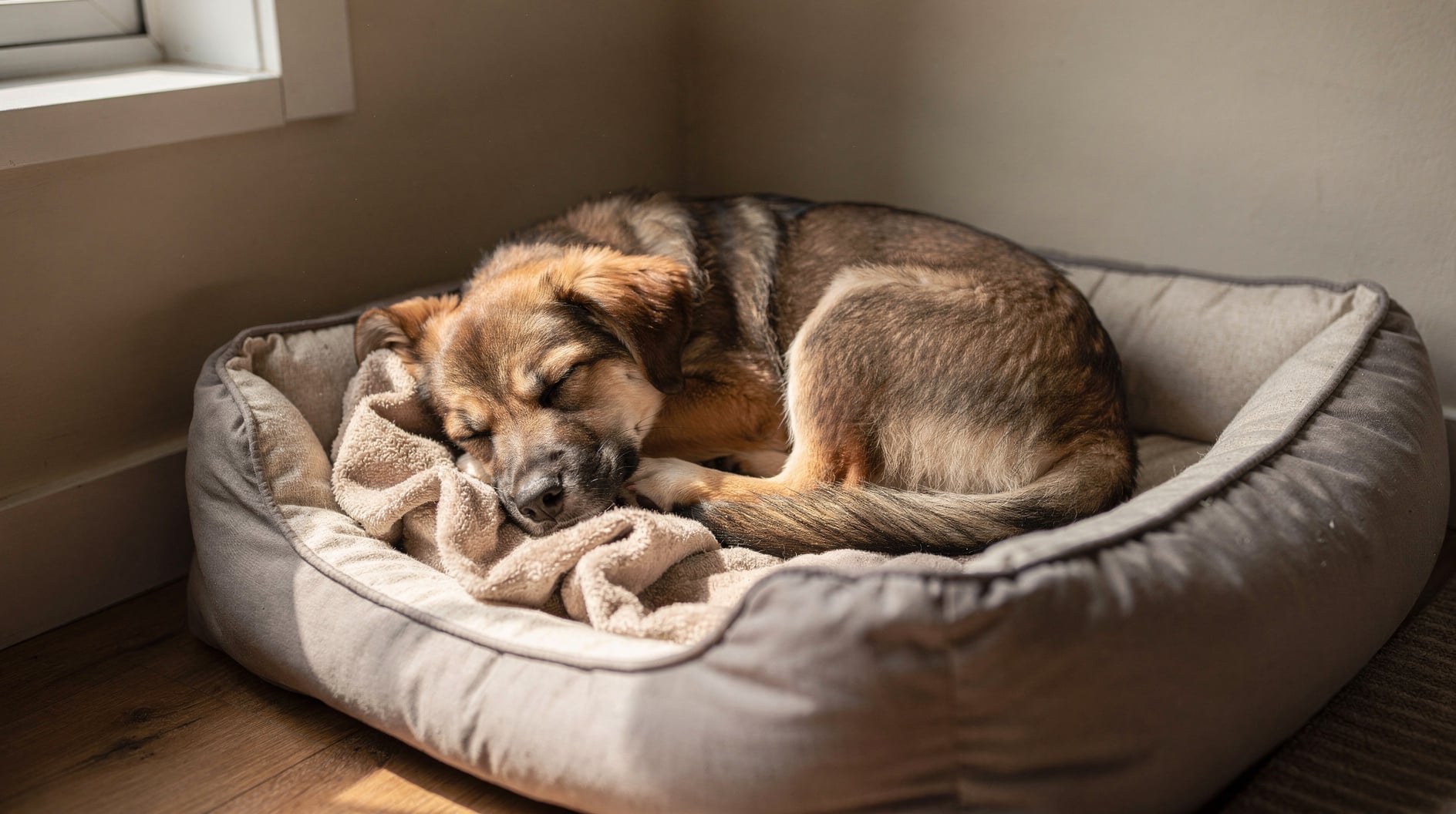 Un jeune chiot dort profondément dans son petit lit douillet, l'air serein et apaisé.