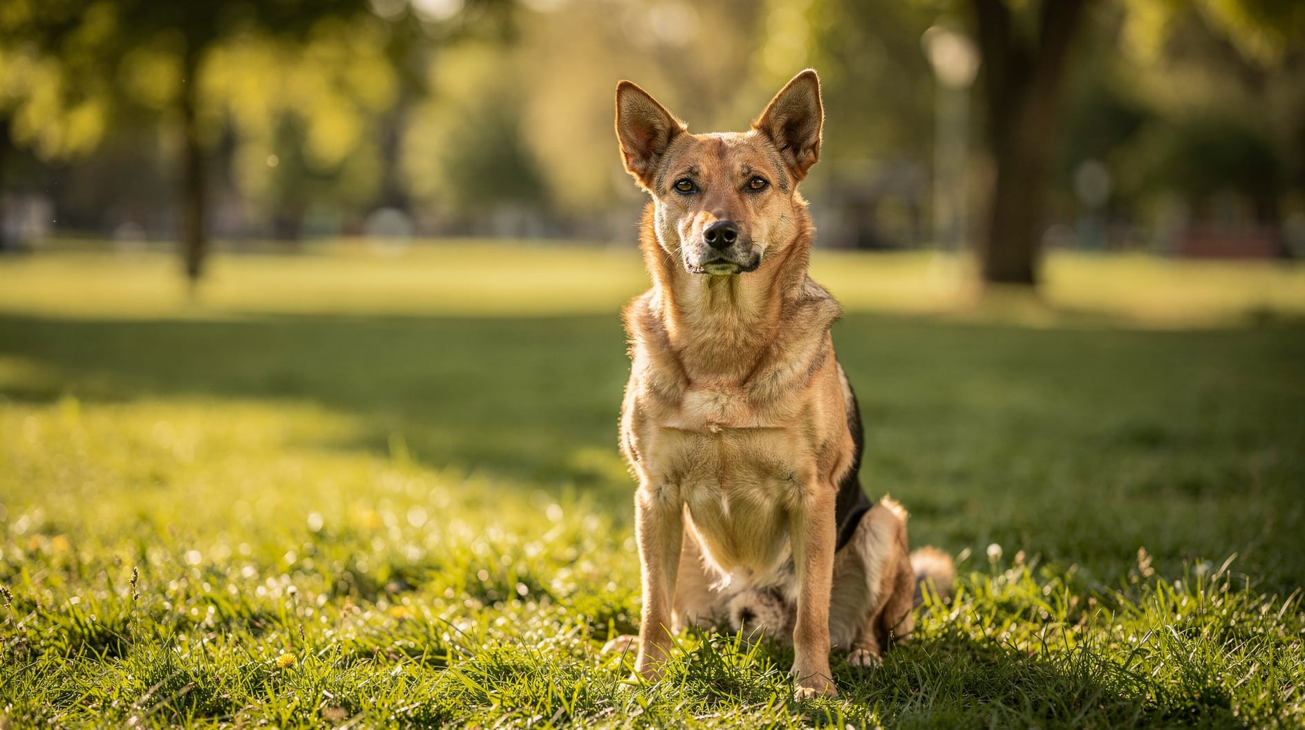 Un chien assis attentif, regardant droit devant lui dans un parc ensoleillé.