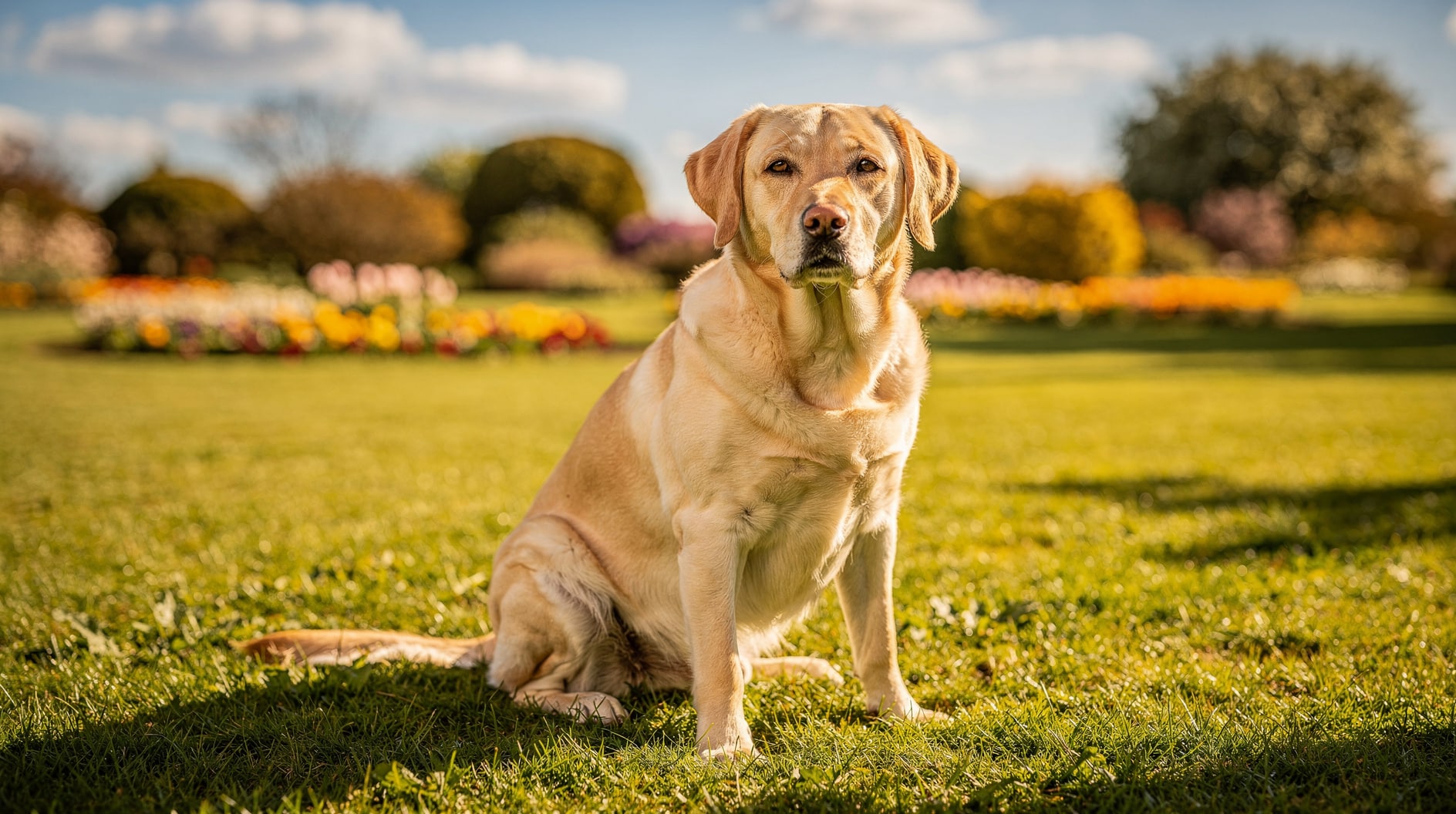Un labrador assis calmement sur une pelouse ensoleillée, regard serein vers l'avant.