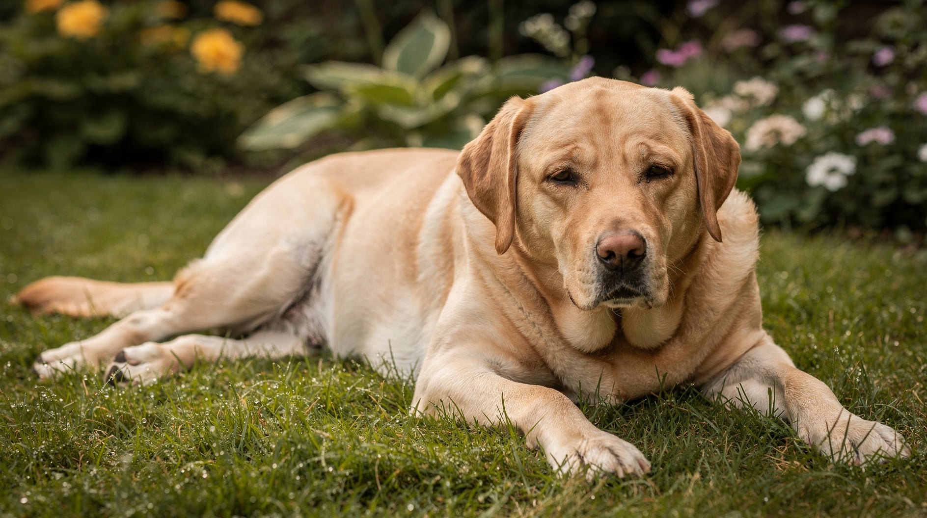 Un labrador allongé sereinement sur l'herbe verte d'un jardin tranquille.
