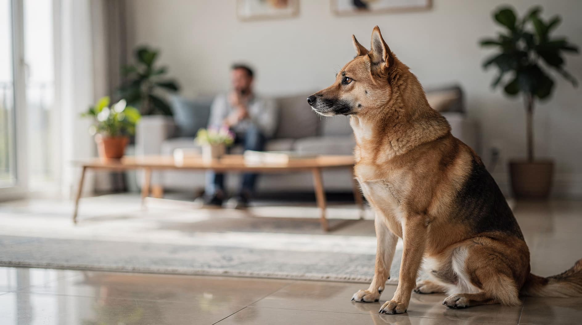 Un chien attentif observe depuis le sol, à distance, dans un salon baigné de lumière naturelle.