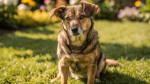 Un chien assis attentif regarde un éducateur qui tient une friandise à la hauteur de ses yeux.
