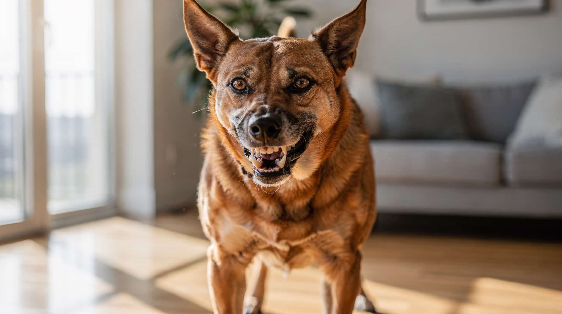 Un chien alert aux oreilles dressées, montrant une posture tendue et une légère grimace.