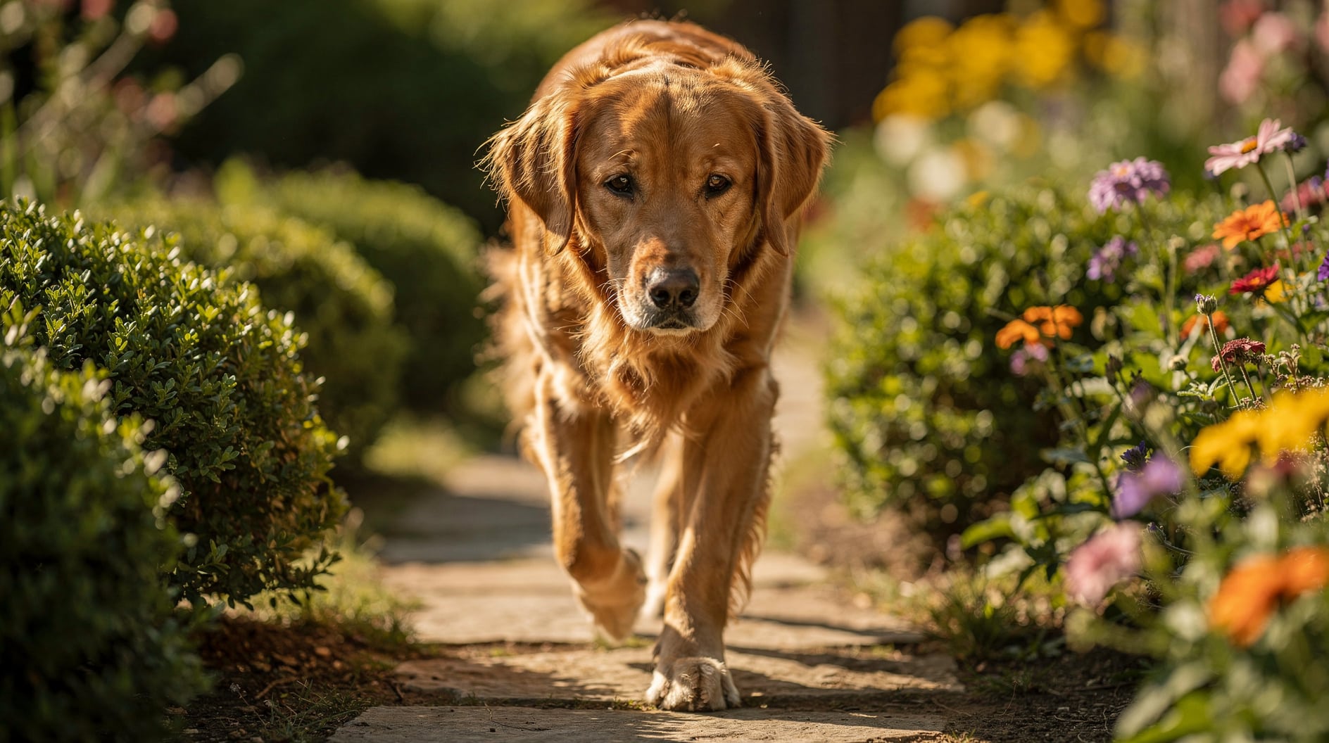 Un golden retriever attentif marche sur un sentier de jardin ensoleillé, le regard fixé devant lui.