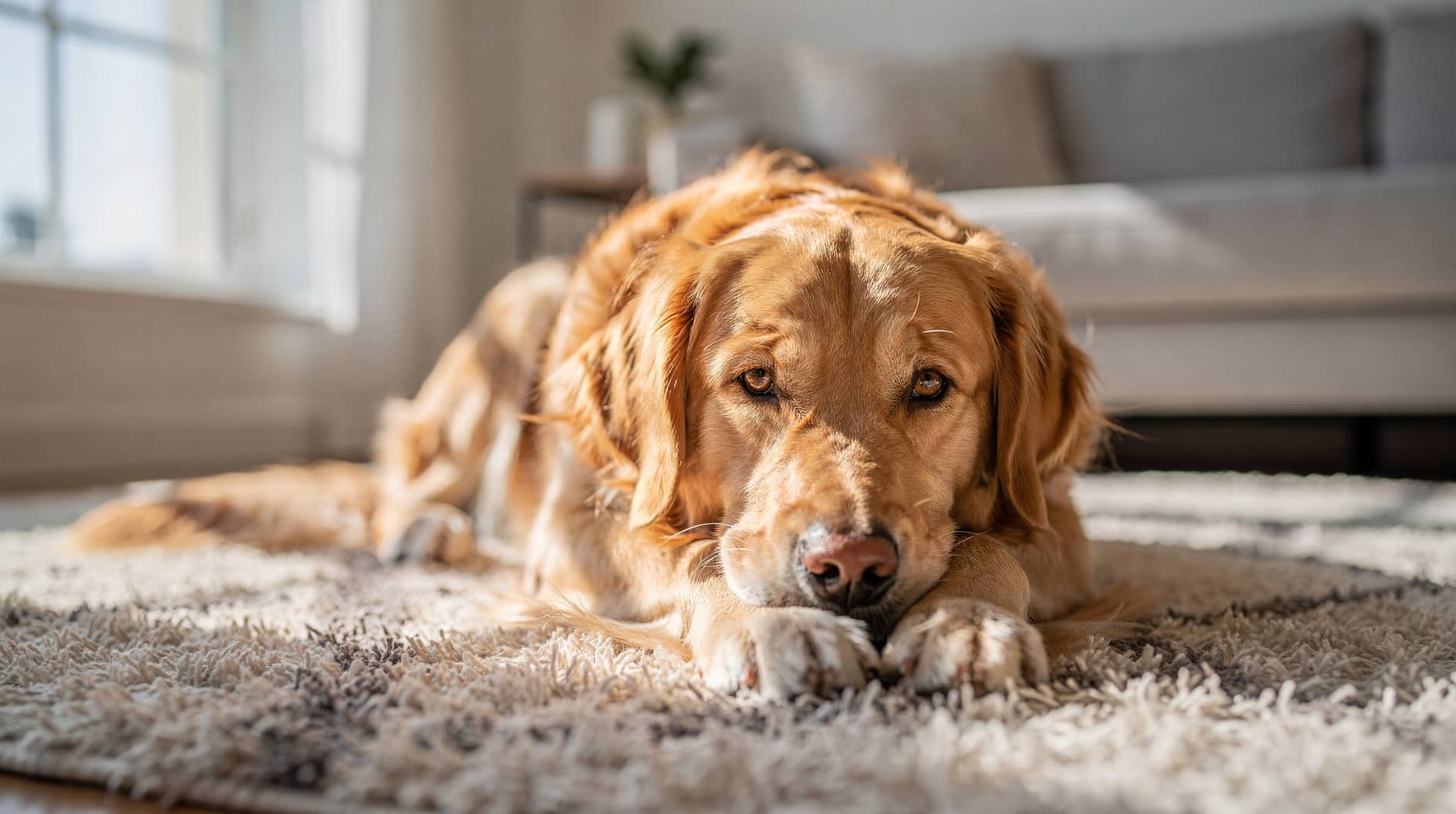 Un golden retriever couché sur un tapis moelleux, détente et sérénité.