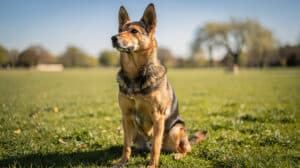 Un chien aux oreilles dressées, assis face à son maître, attentif et engagé dans un moment de complicité.