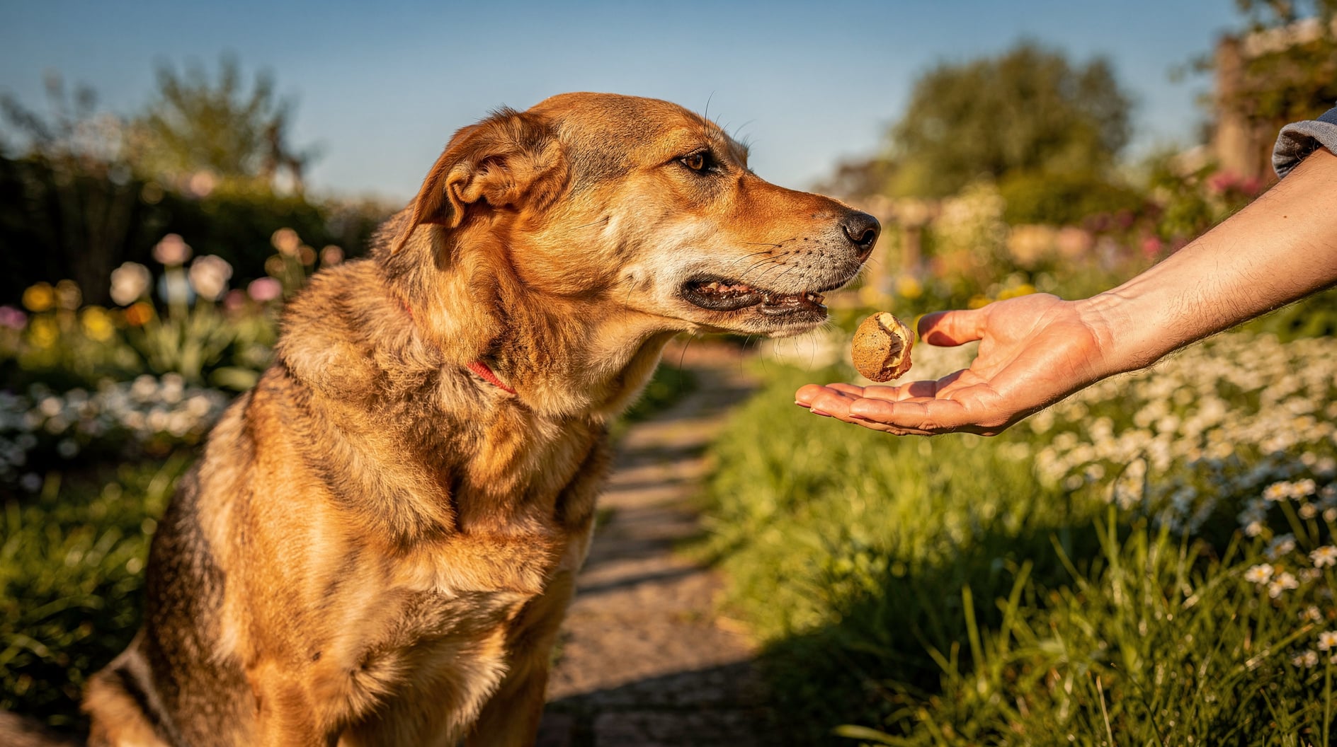 Un chien remet calmement un objet pris dans la main ouverte d'une personne.