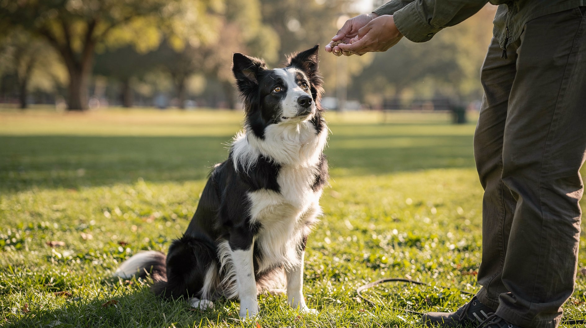 Un border collie assis à l'attention, regardant calmement vers l'avant dans un parc verdoyant éclairé par le soleil.