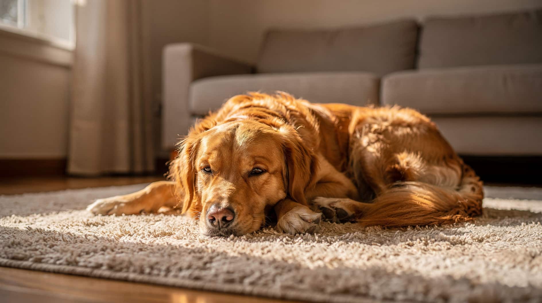 Un golden retriever allongé sereinement sur un tapis moelleux, dans un intérieur calme baigné de lumière naturelle.