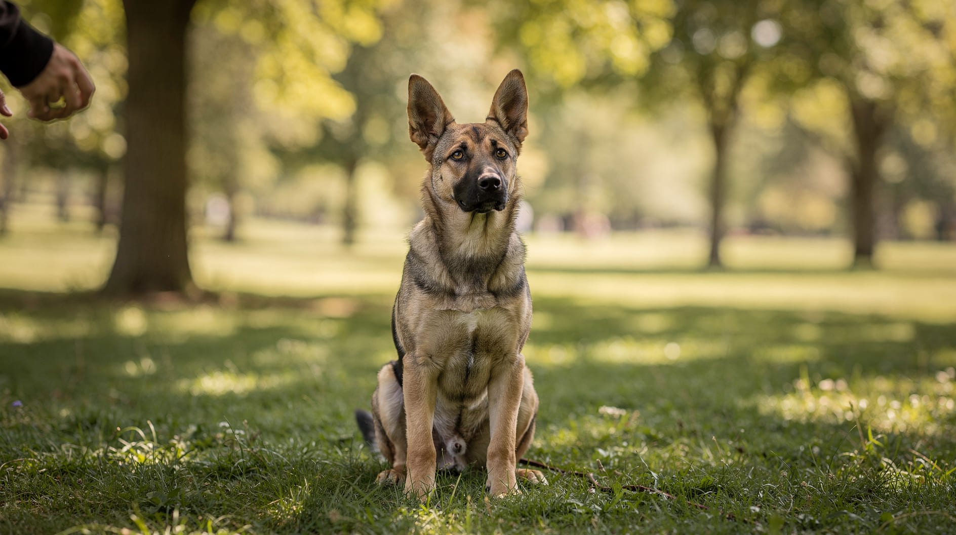 Un jeune chien attentif assis dans un parc ensoleillé, observant son maître avec concentration.
