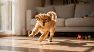 Un chiot golden retriever joyeusement penché sur lui-même, tentant d'attraper sa queue dans un salon inondé de lumière.