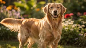 Un golden retriever à la queue qui remue doucement, debout dans un jardin ensoleillé