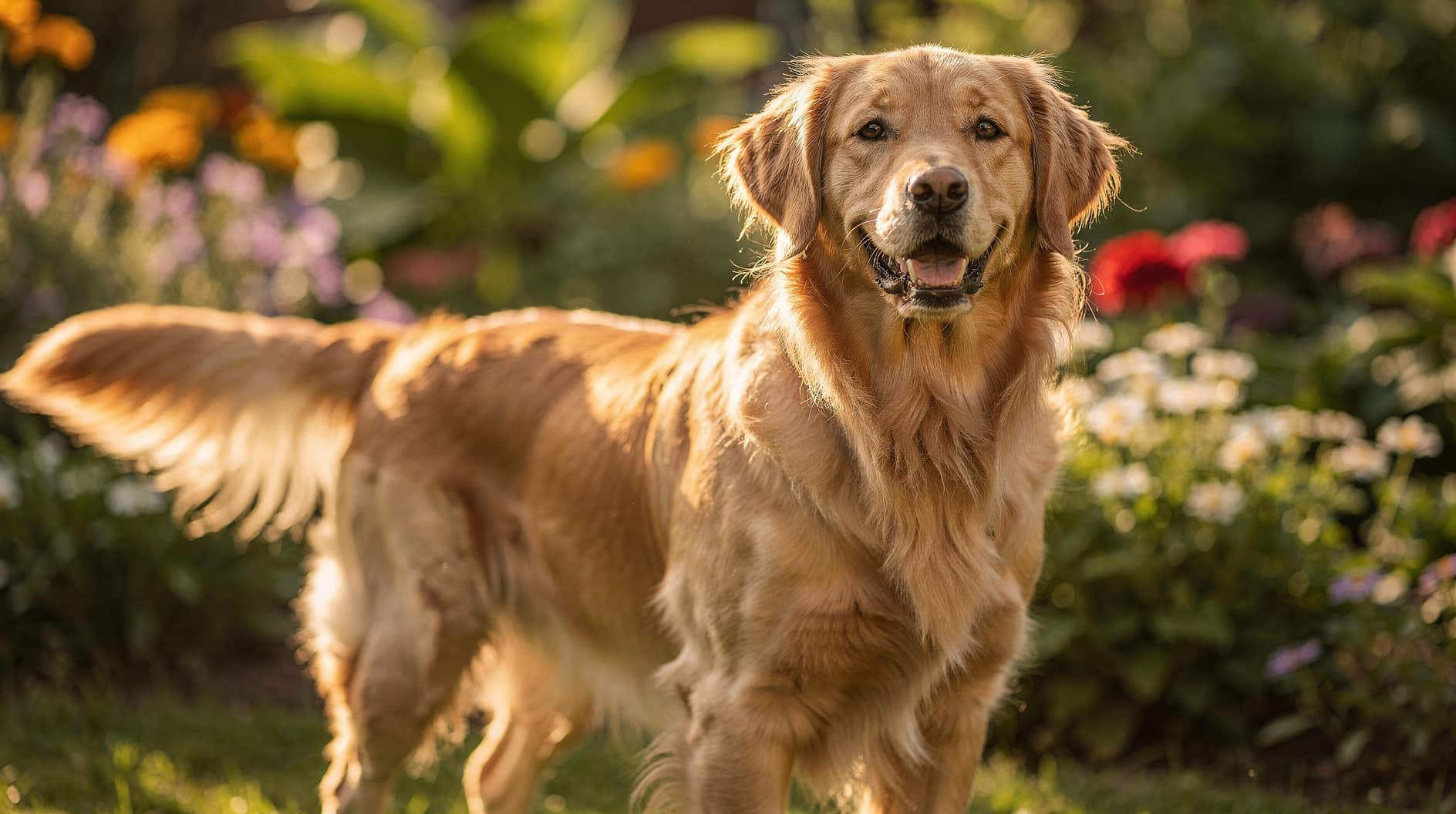 Un golden retriever à la queue qui remue doucement, debout dans un jardin ensoleillé