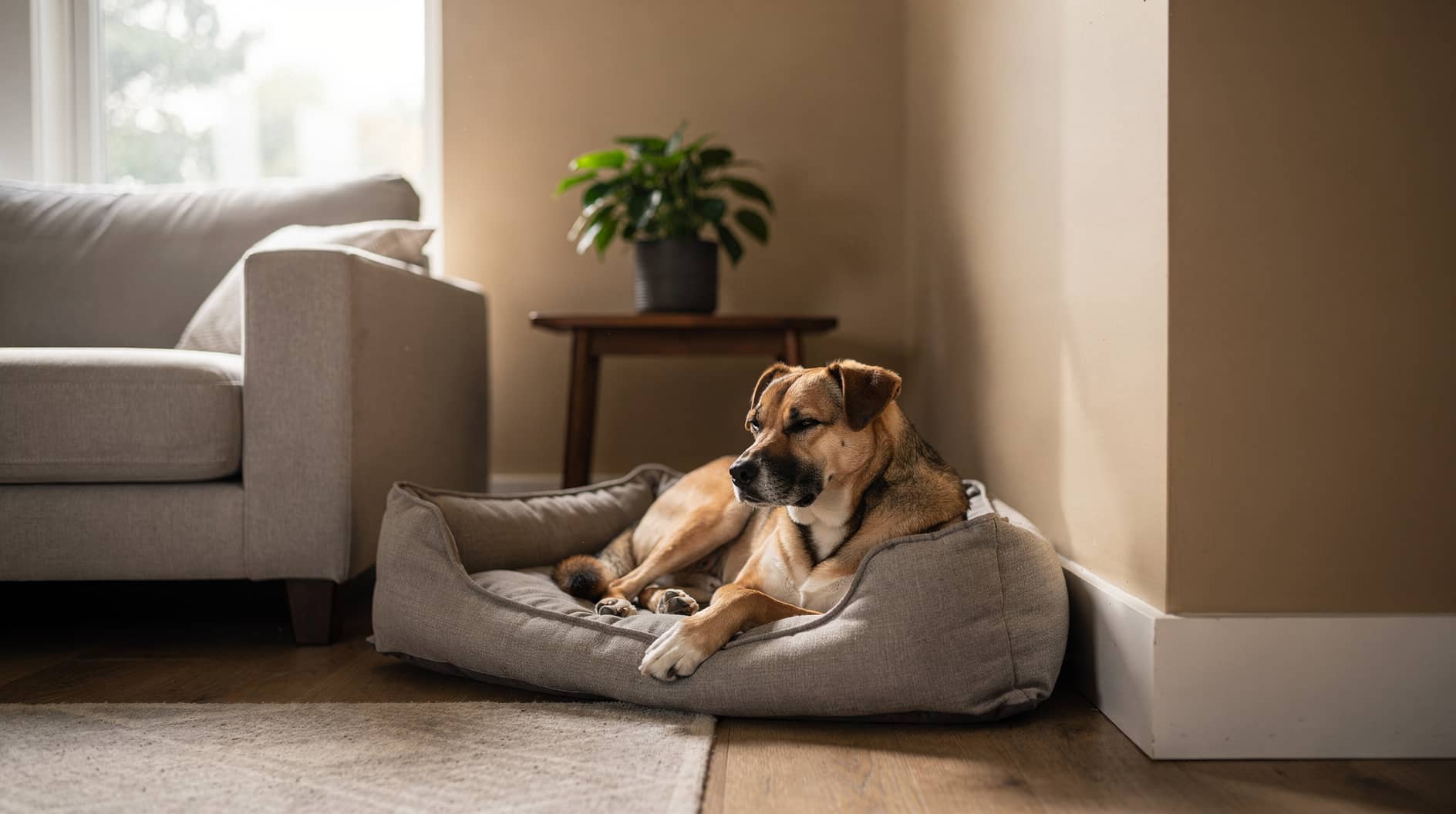 Un chien allongé tranquillement dans un coin de salon, regardant vers l'avant avec une expression apaisée.