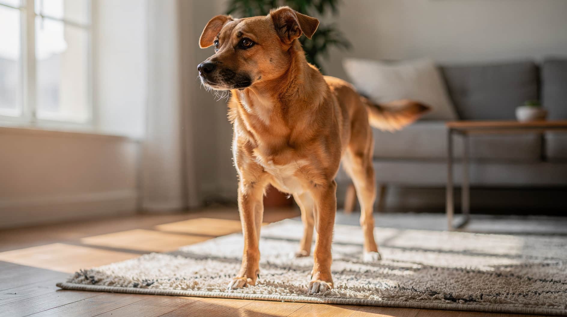 Un chien assis dans un salon clair, oreilles détendues, regard attentif vers l'avant.