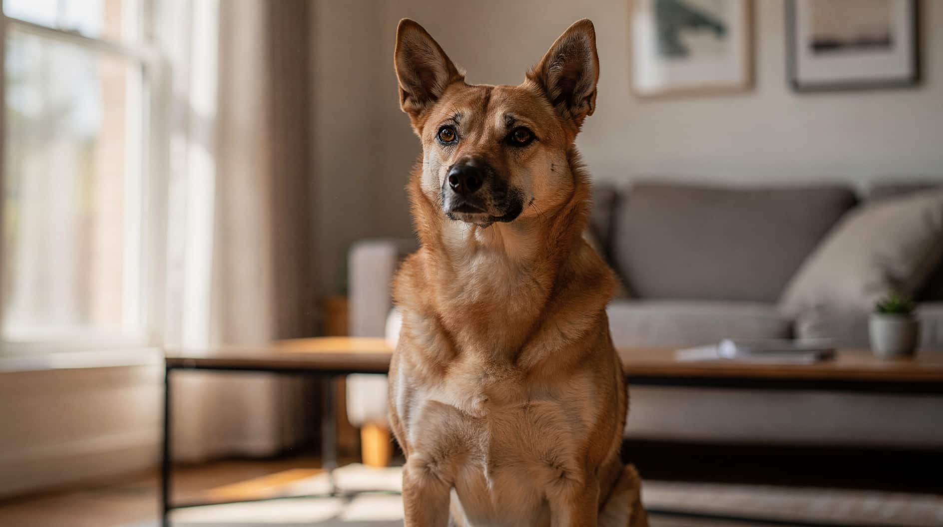 Un chien assis attentivement, observant son environnement avec une posture alerte et sereine.