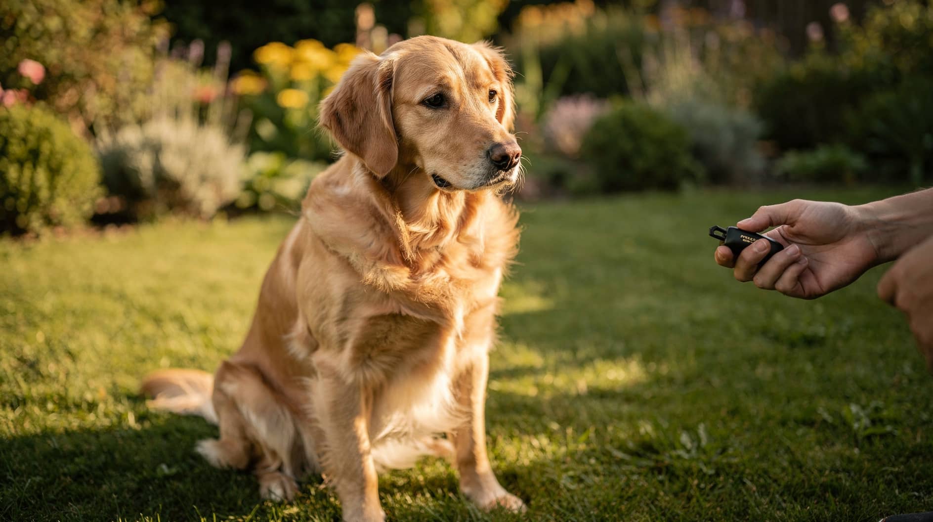 Un golden retriever assis regarde attentivement une main qui tient un petit clicker.
