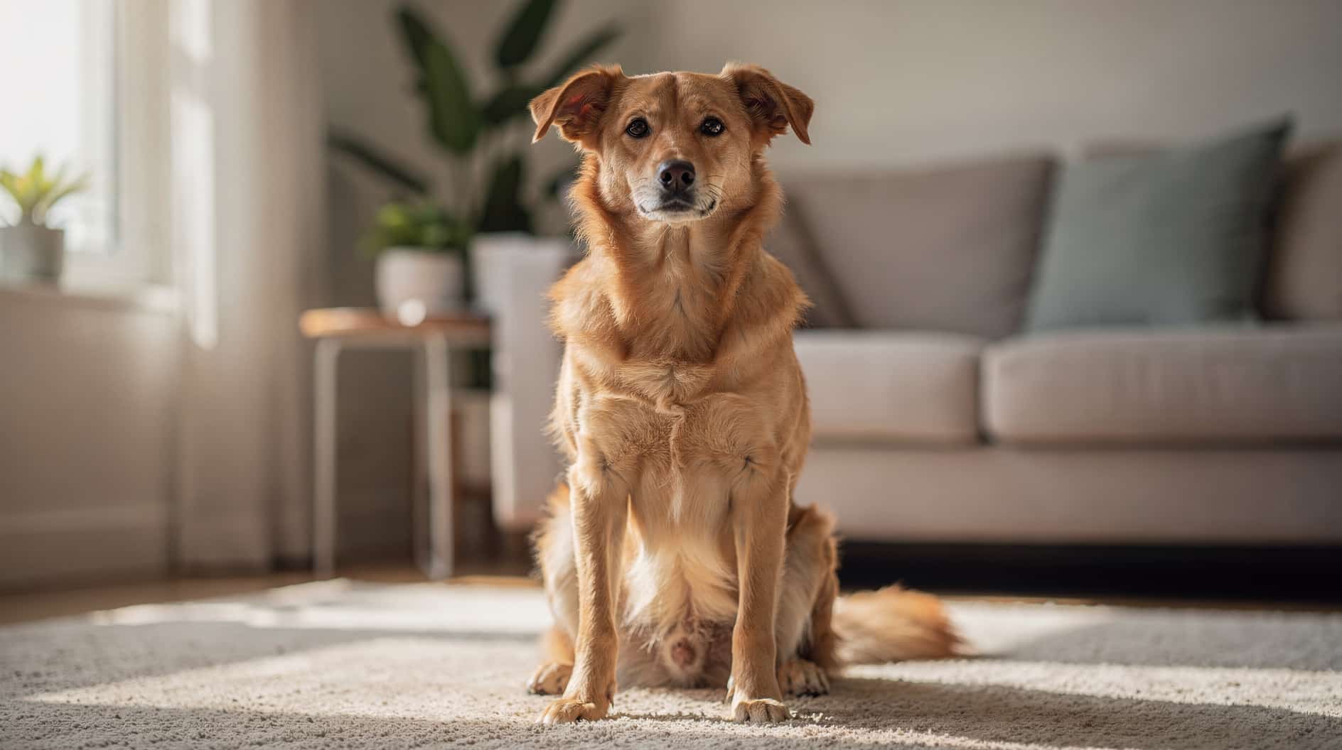 Un chien assis calmement dans un salon bien éclairé, regardant vers l'avant avec une expression attentive.
