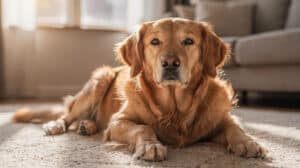 Un golden retriever allongé sur un tapis moelleux, oreilles détendues et regard serein dans un salon éclairé.