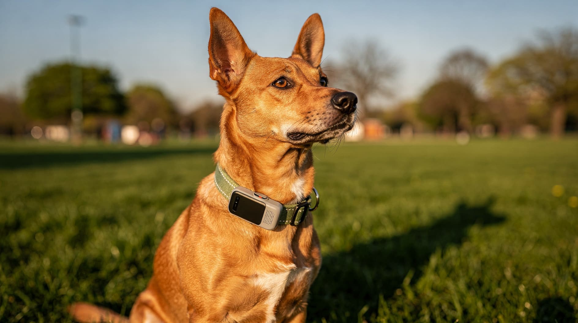Un chien assis dans un parc ensoleillé, portant un collier GPS léger autour de son cou.
