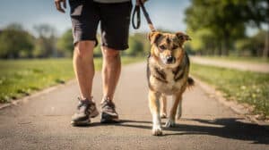 Un chien marche sereinement en laisse souple aux côtés de son maître dans un parc ensoleillé.