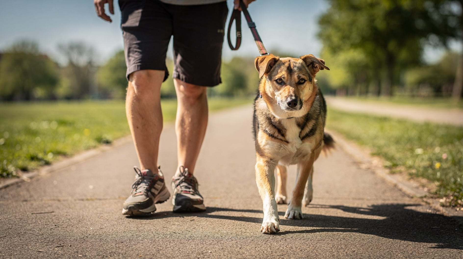 Un chien marche sereinement en laisse souple aux côtés de son maître dans un parc ensoleillé.