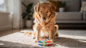 Un golden retriever concentré, occupé à explorer un jouet d'enrichissement dans un salon lumineux.
