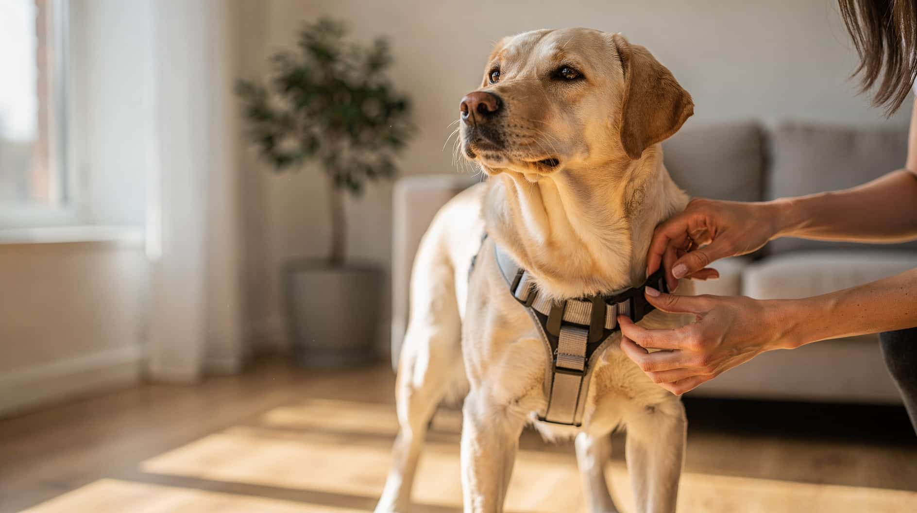 Un labrador jaune debout dans un salon lumineux, attendant patiemment pendant qu'on lui ajuste son harnais.