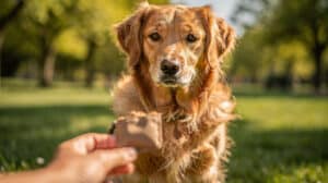 Un golden retriever attentif, assis face à une personne qui tient un sac à friandises ouvert près de son museau.