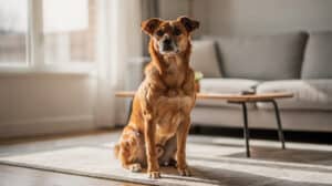 Un chien assis attentif dans un salon baigné de lumière naturelle, regardant vers l'avant dans l'attente.