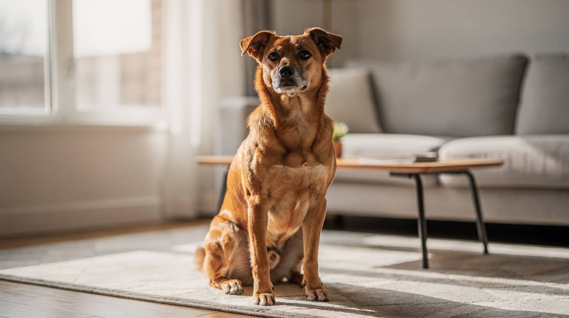 Un chien assis attentif dans un salon baigné de lumière naturelle, regardant vers l'avant dans l'attente.