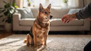 Un chien assis en intérieur, regardant attentivement la main d'une personne qui lui tend une friandise.