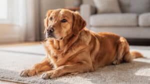 Un golden retriever allongé sereinement sur un tapis, attentif et apaisé dans un salon baigné de lumière naturelle.