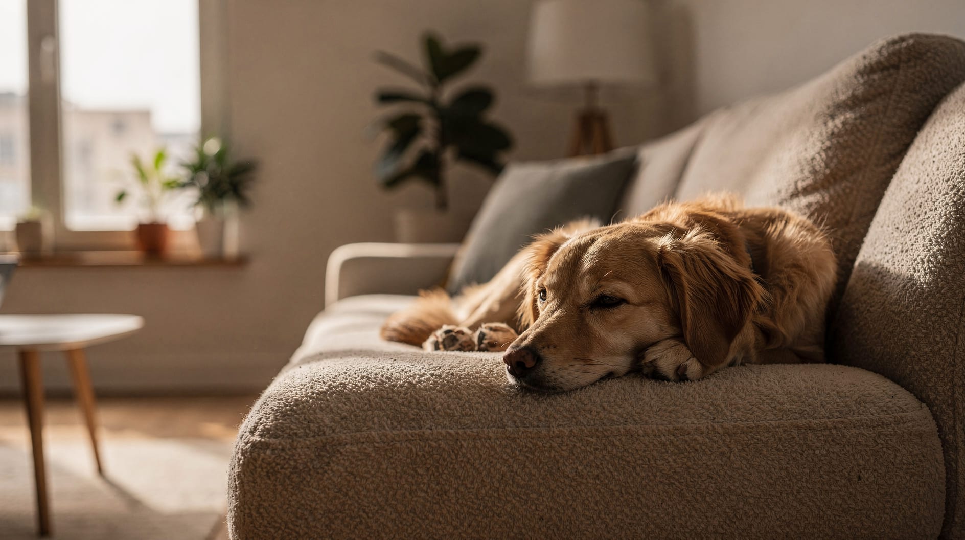 Un chien allongé calmement sur un tapis moelleux, dans un environnement doux et rassurant.