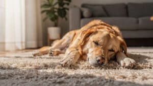 Un chien allongé calmement sur un tapis moelleux dans un salon inondé de lumière naturelle.