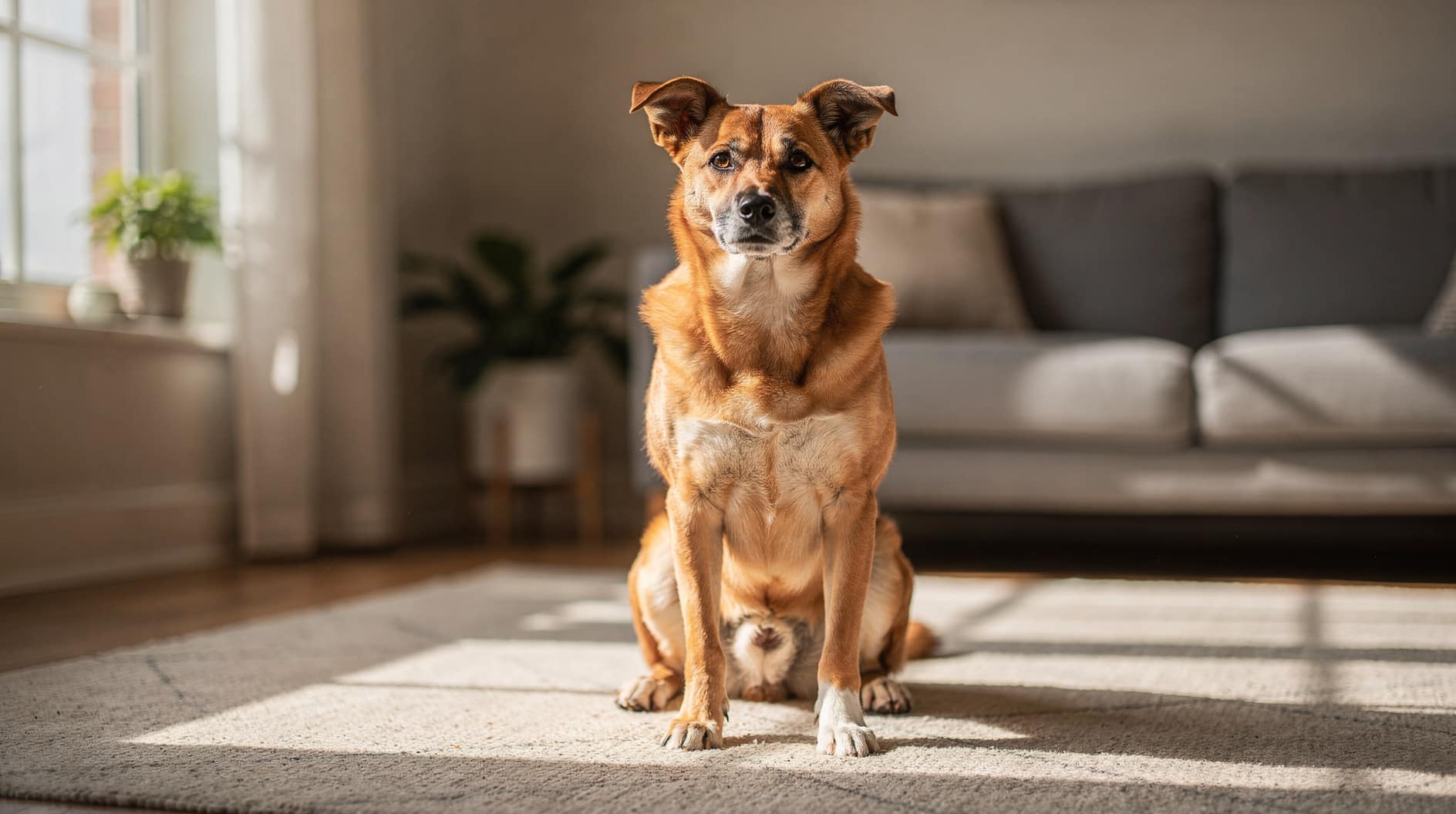 Un chien assis calmement dans un salon baigné de lumière naturelle, regard attentif et détenu.