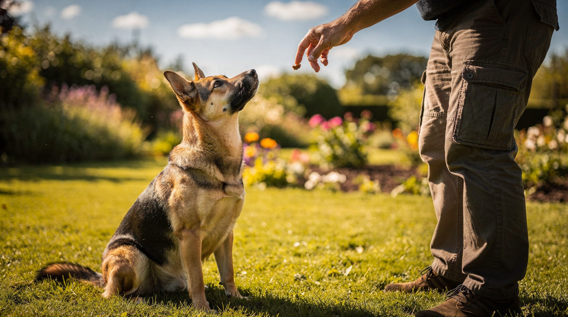 Un chien attentif regarde vers le haut, la tête légèrement tournée vers le côté, dans un jardin ensoleillé.