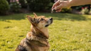 Un chien attentif regardant vers le haut, attendant une friandise après le son du clicker.