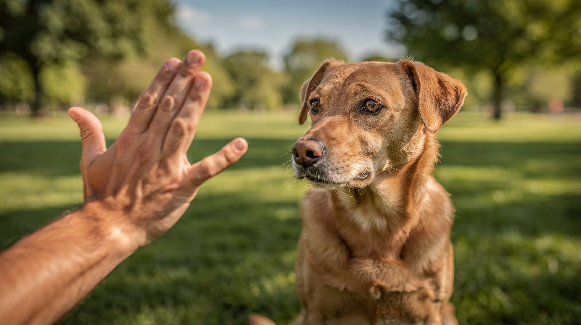 Un chien attentif regarde fixement les gestes de la main de son maître dans un parc ensoleillé.
