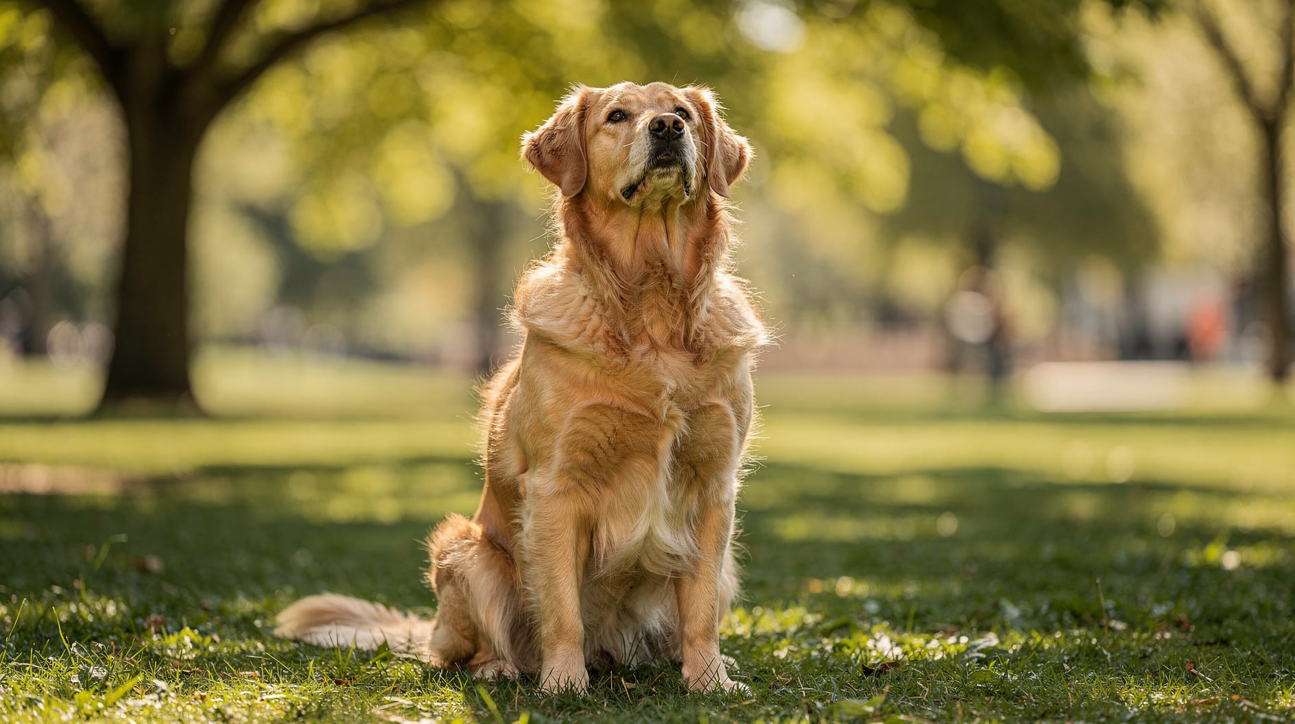 Un golden retriever assis attentivement regarde vers le haut avec concentration et sérénité.