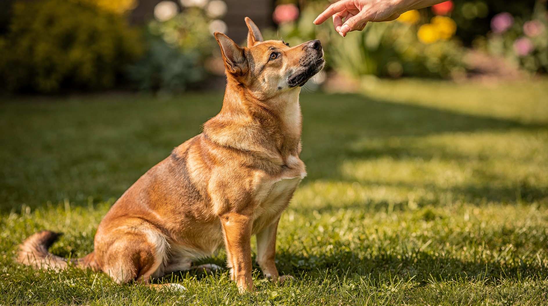 Un chien attentif assis dans l'herbe, le regard levé vers une main qui tend une friandise.