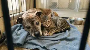 Chien et chat reposant ensemble sur un lit bleu en cage